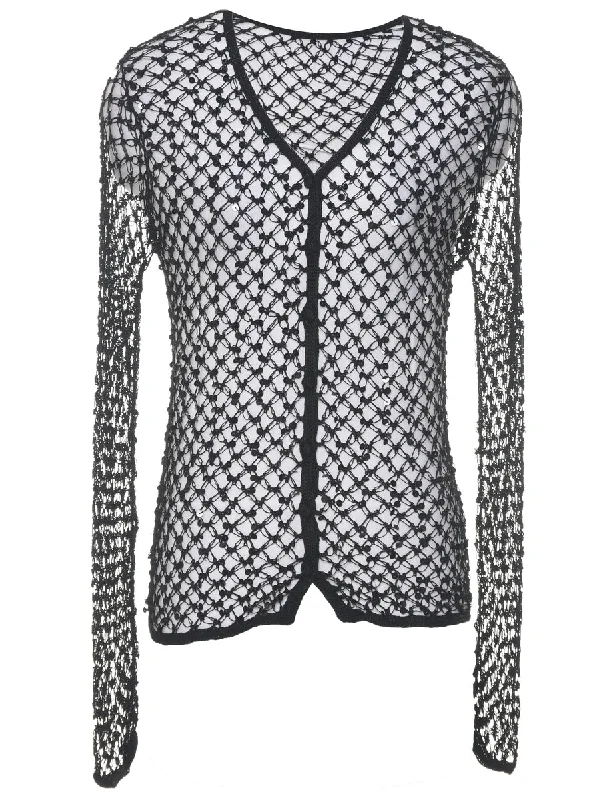 Sequined Sheer Crochet Cardigan - XS Glossy Satin Silk