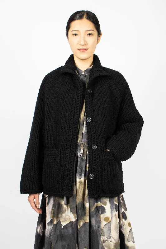 So Wool Hand Knit Cardigan Black Oversized Loose Flowy