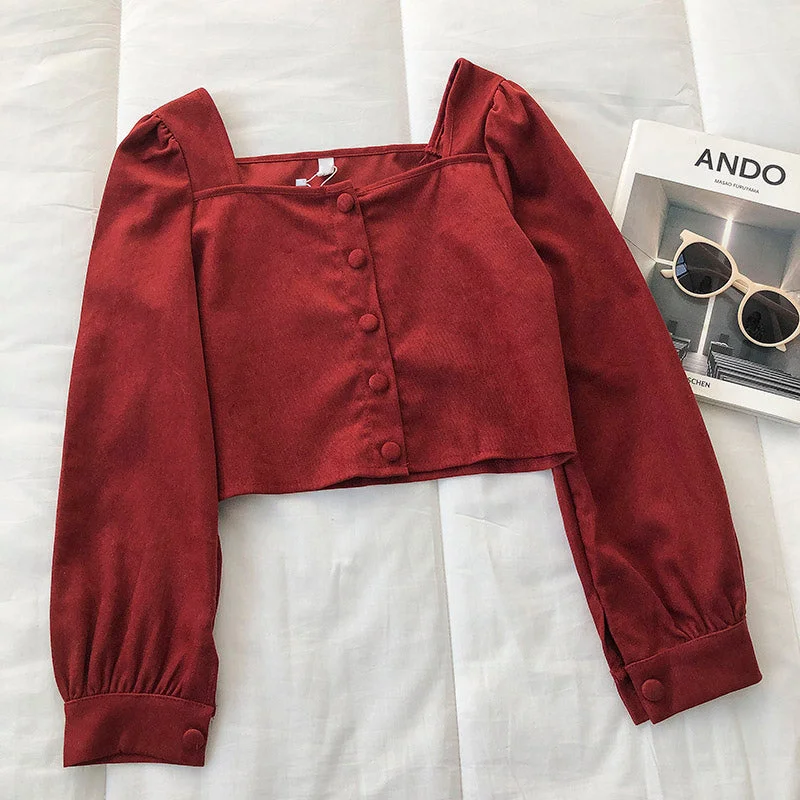Solid color square neck long sleeve shirt cardigan  6252 Open Front Closed Front Wrap Front