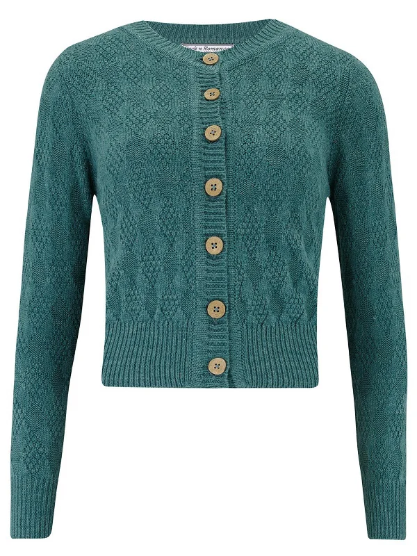Teal Green Vintage Style Diamond Textured Knit Cardigan Velvet Chenille Corduroy