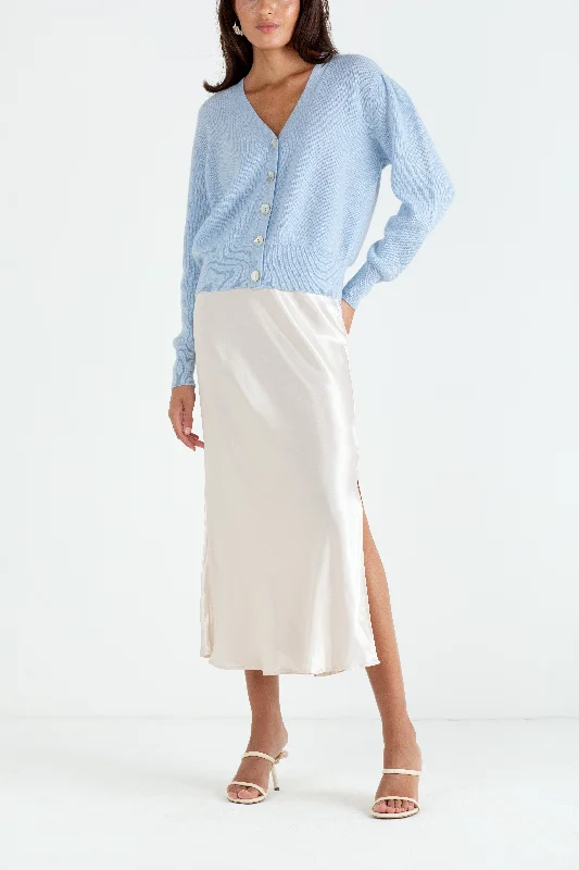 "The Annabelle" - Puff Sleeve Cashmere Cardigan (Blue) Tailored Straight A-Line