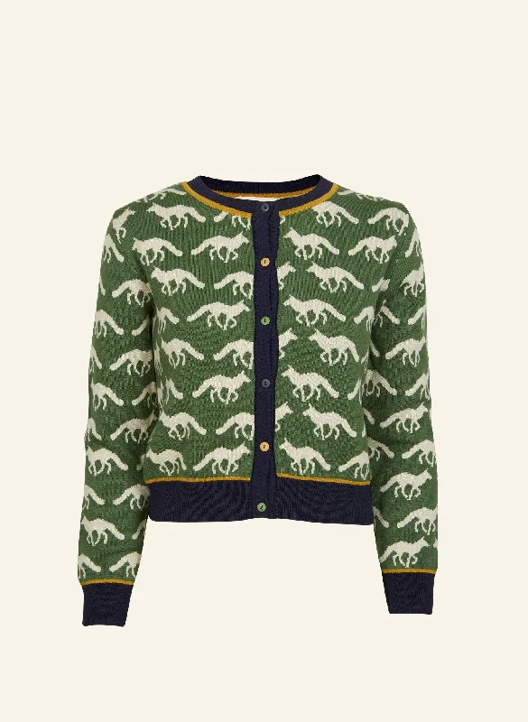 Vera Jacquard Cardigan - Green Fox Herringbone Houndstooth Plaid