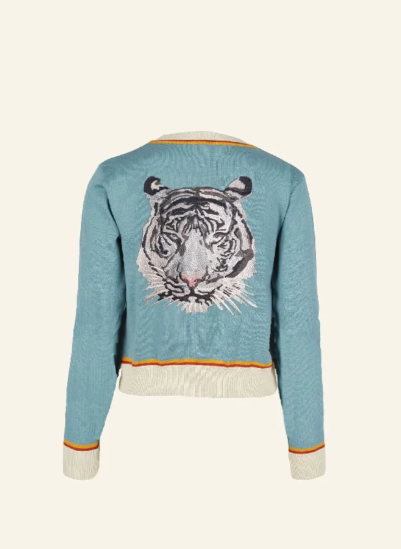 Vera Cardigan - Mineral Blue Arctic Embroidered Tiger Mesh Blend Leather Blend Suede Blend