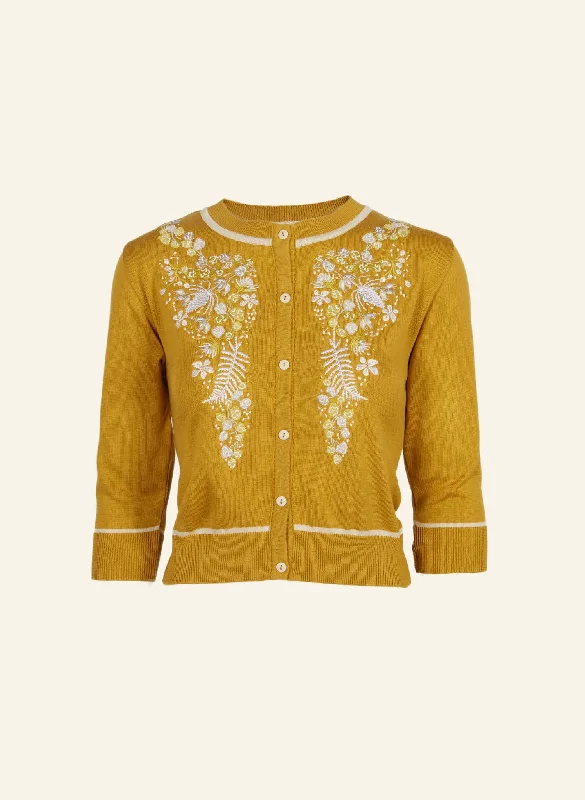 Vera - Mustard White Berries Cardigan Real Fur Shearling Chenille