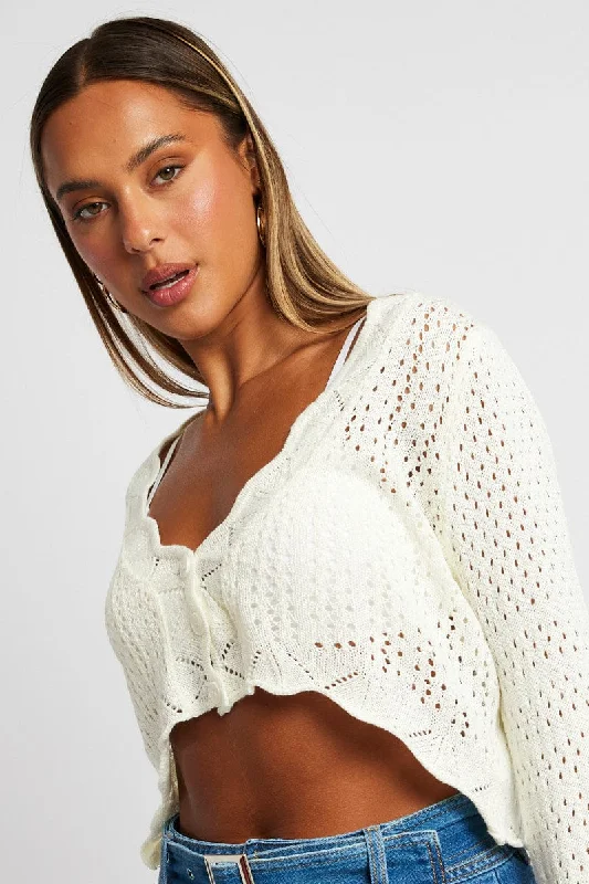 White Crochet Cardigan V Neck Cropped Fitted Loose Oversized