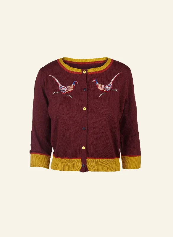 Vera Embroidered Cardigan - Plum Pheasant Toggled Drawstring Belted
