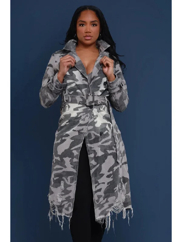 Denim Ripped Camo Tie-wrap Lapel Trench Coat Classic Belted Cotton Trench
