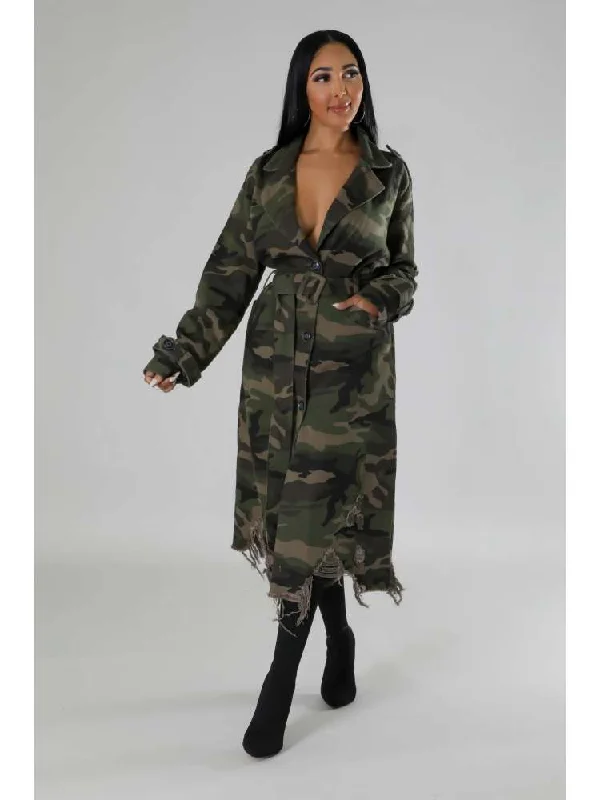 Ripped Fuzzy Trim Camo Lapel Trench Coat Soft Knit Trench Coat